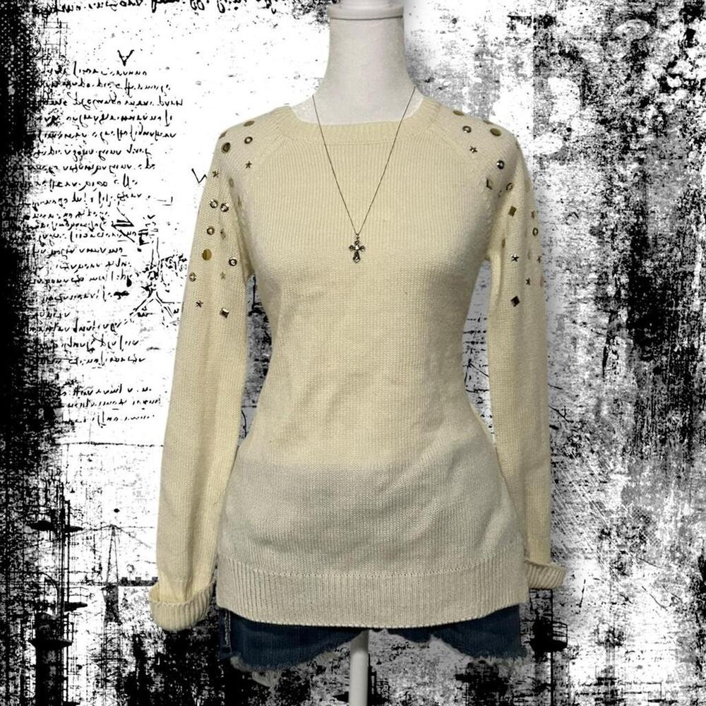 grommets gold mixed-shape studs ivory white knit sweater top